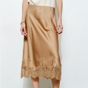 Elegant Gold Satin Skirt with Lace Trim